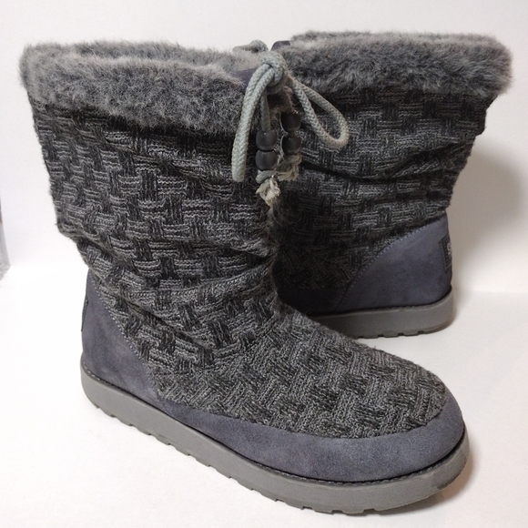 SKECHERS Australia Keepsakes Meadow Grey Knit Faux Fur Sweater Boots Size 9 - Picture 3 of 9